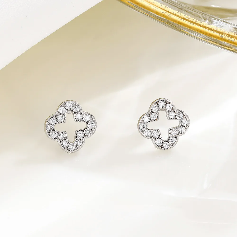 S925 Sterling Silver Hollow Clover Designer Earring Ear Studs Rings Shining Zircon Crystal Lucky Earrings Earings For Women Girl Wedding Jewelry Gift