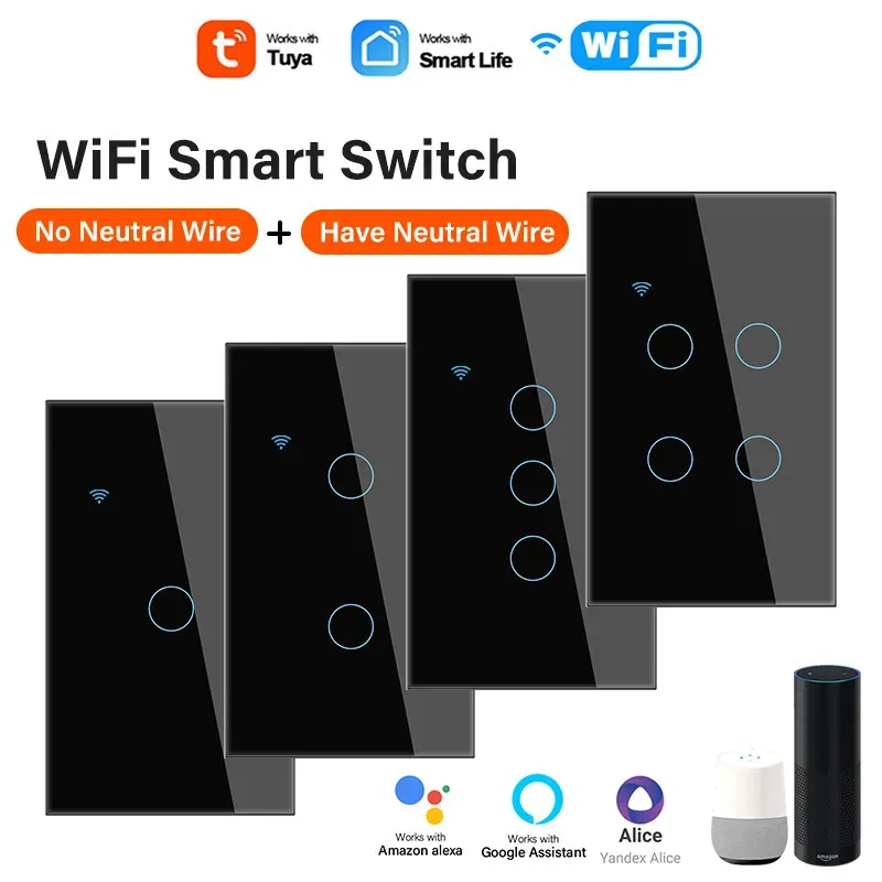 Andra elektronik Tuya WiFi US Smart Light Switch Neutral tråd Ingen tråd krävs 120 Typ Vägg Touch Work med Alexa Google Home 231007