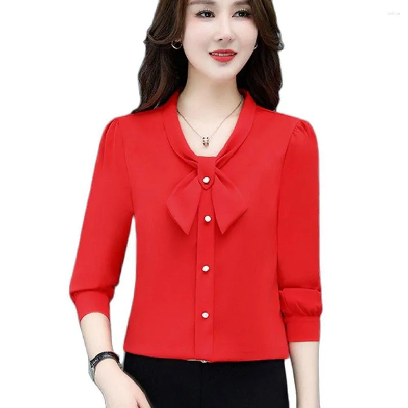 Women's Blouses Korean Sweet Bow Neck Red Shirt Women Autumn Elegant Solid Lantern Long Sleeve Pullover Tops Fashion Street Chiffon Y2k