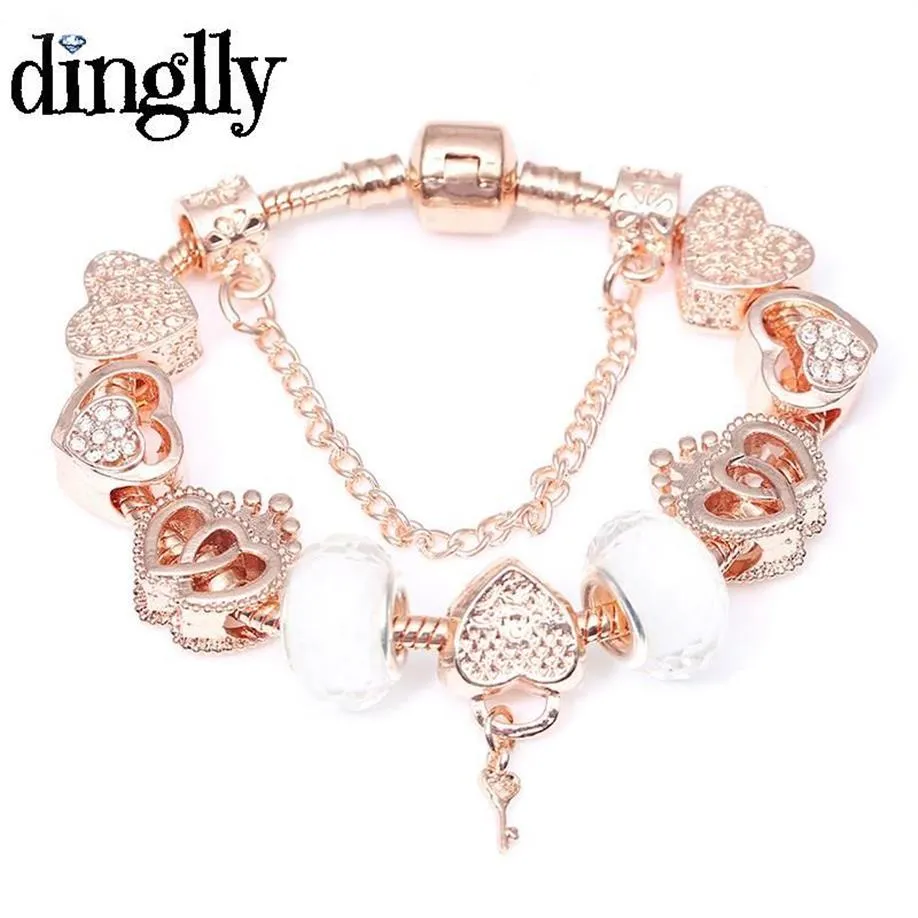 DINGLLY nouveau Bracelet à breloques coeurs unis en or Rose pour femmes forme de coeur serrure perles marques de mode Bracelet bracelets Femme cadeaux2362