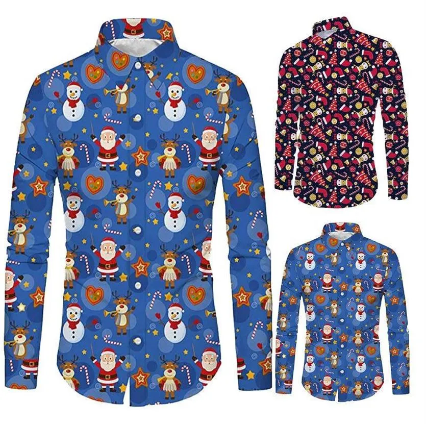 Weihnachten Stil männer Hemd Revers Einreiher Schneemann Prined Frühling Herbst Casual Mode Qualität Männlichen Bluse Shirts260A