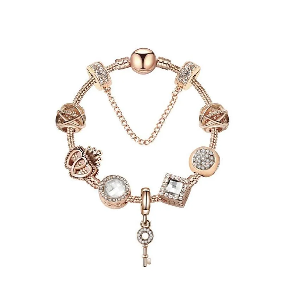 Originale Pandoras 925 Argento Rosa Oro Cristallo Ciondolo con serratura Bracciale fai da te Perline Fascino Braccialetti a catena di sicurezza Gioielli Regalo di festa3224