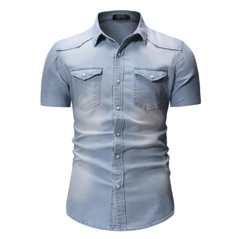 2020 verão denim nova camisa dos homens de algodão jeans camisa moda magro manga curta cowboy masculino exército elegante topos tamanho asiático 3xl262j