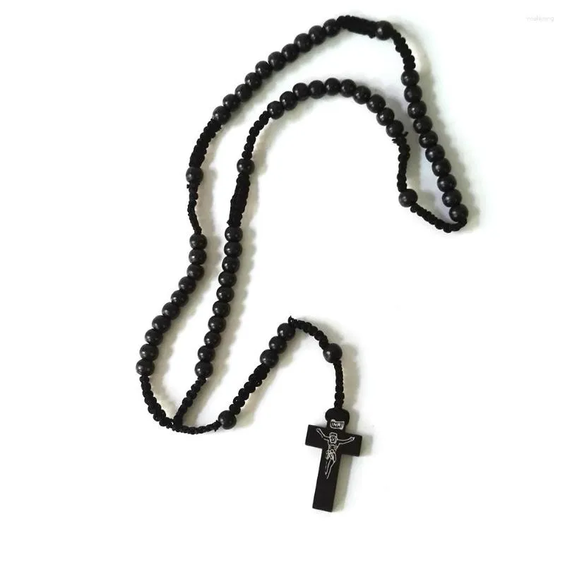 Hanger Kettingen Mode Retro Stijl Mannen Vrouwen Katholieke Christus Houten Rozenkrans Kraal Kruis Geweven Touw Ketting