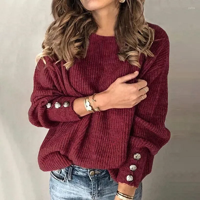 Womens Sweaters Button-knit Sweater Fall/Winter 2024 Loose Crewneck For Women Sueter Mujer Red Gray Solid Pullover