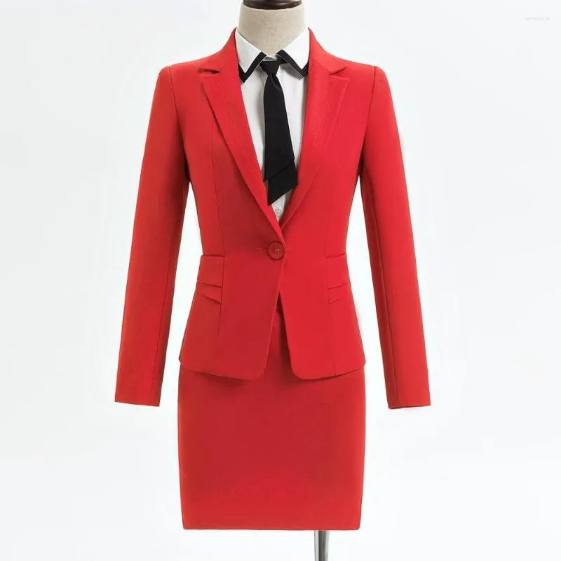 Abito a due pezzi Giacca formale da donna Blazer rosso Abiti da lavoro da donna con set Abbigliamento da lavoro Uniforme da ufficio Giacca gonna di grandi dimensioni in 2 pezzi blu scuro