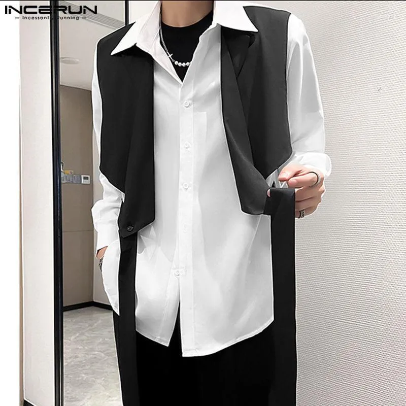 Heren Casual Shirts Mode Mannen Onregelmatig Overhemd Patchwork Revers Lange Mouw Knop Mannelijke 2023 Losse Persoonlijkheid Streetwear Camisas 5XL