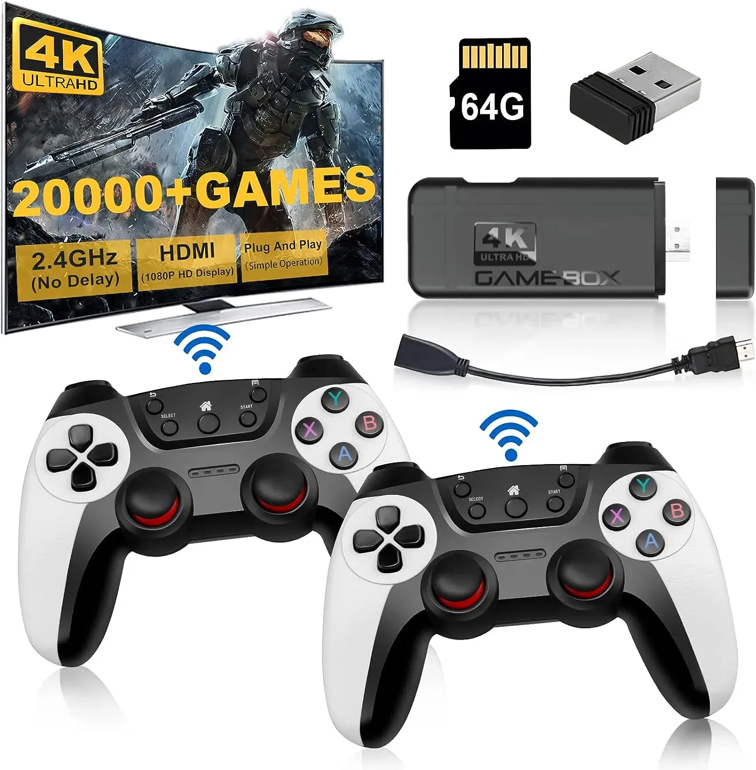 Console De Jeux Rétro Portable Avec 20000 Jeux - 2 Manettes Sans Fil 2,4G - Sortie 4K HDMI, 64 Go - Plug & Play
