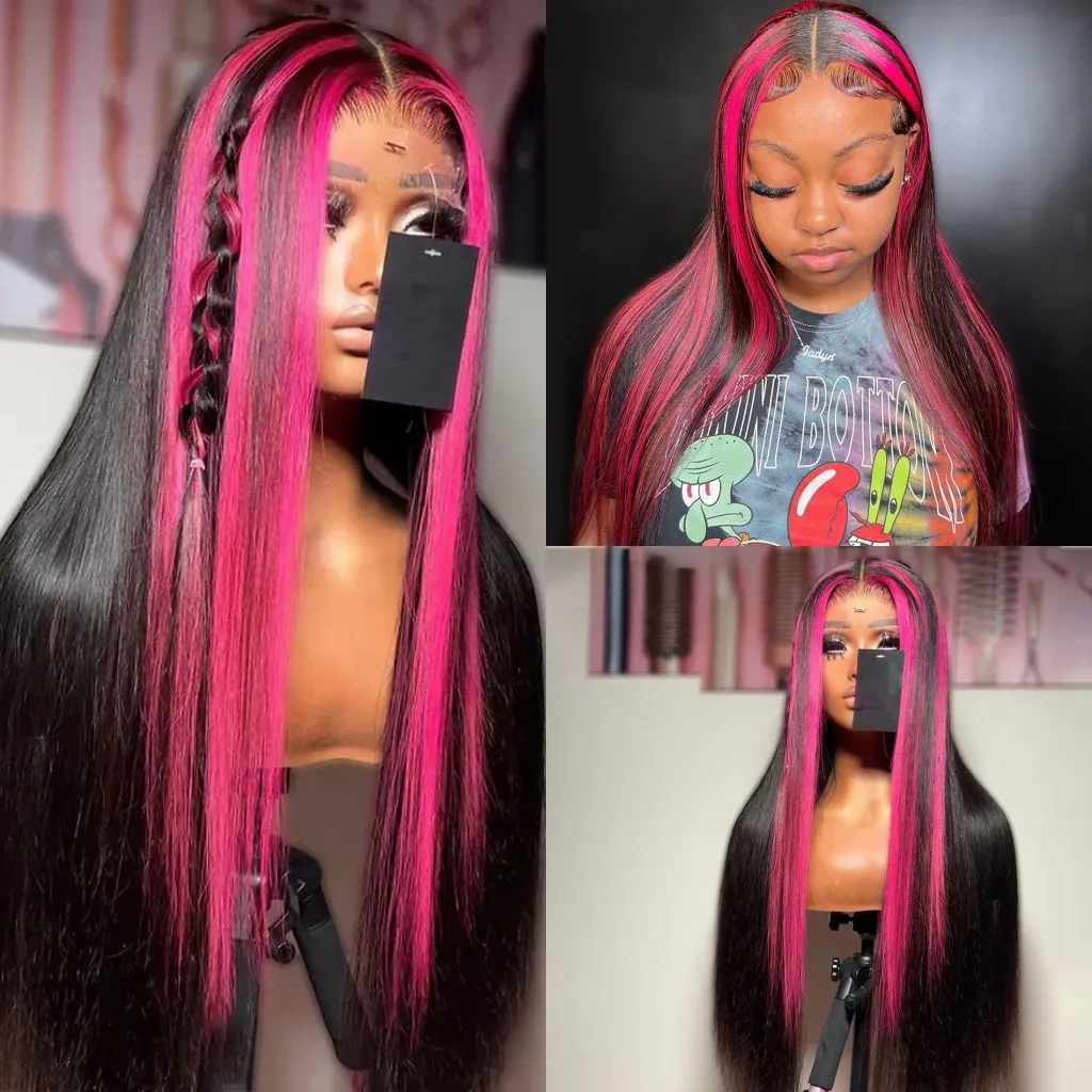Brasiliansk rosa höjdpunkt färgad peruk 360 spets främre mänskliga hår peruk hd transparent spets frontala peruk lång rak syntetisk peruk för kvinnor