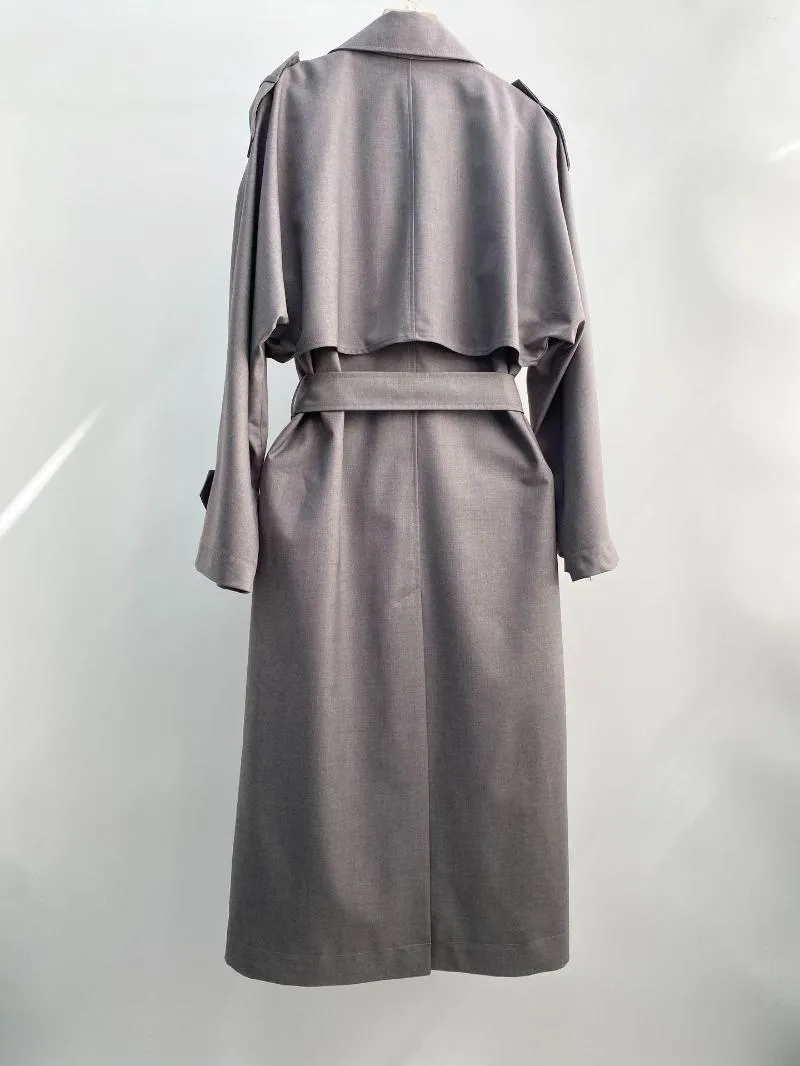 Trench da donna Cappotto lungo in lana da donna frangivento grigio con lacci in vita con intaglio