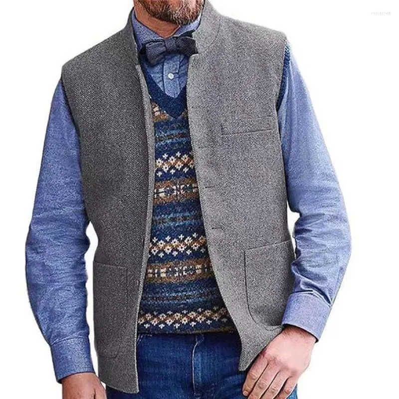 Herenvesten Heren jachtvest Retro opstaande kraag gilet Vintage Tweed bruiloftskleding grijs/zwart/rood/kaki/legergroen