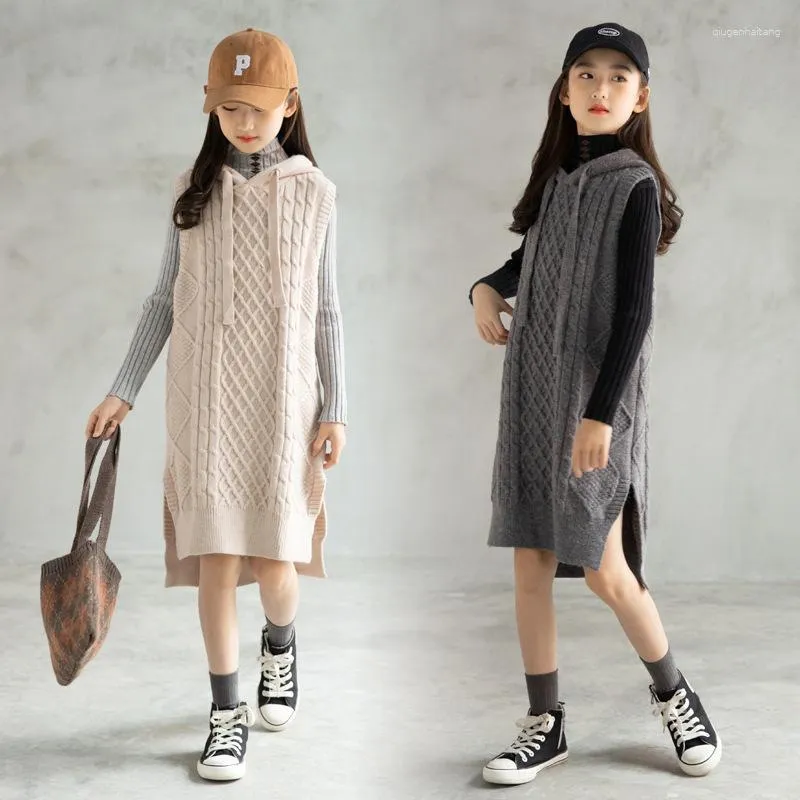 Kız Elbiseler Moda 2023 Örgü Sweaters Bebek Büyük Kızlar Kıyafetler Çocuklar Kapşonlu Kolsuz Örgü Giyim Çocuk Drullu