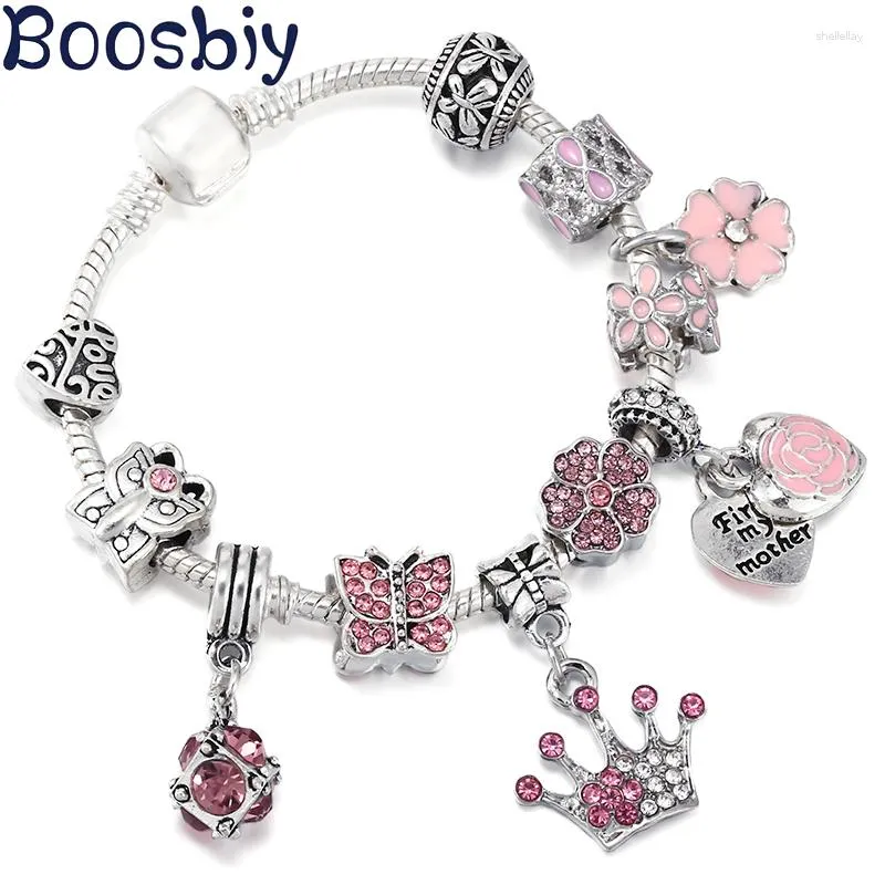 Charmarmband Butterfly fladder i rosa romantiska blommor armband med kronhänge fit smycken present Diy Making for Women