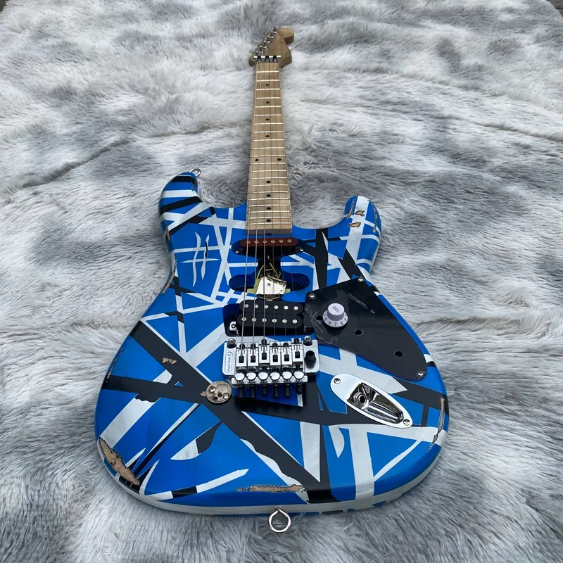 Heavy Relic Edward Van Halen Red FrankenStein ST Electric Guitar Black White Stripes, Floyd Rose Tremolo Bridge & Whammy Bar, bass Body, Maple Neck