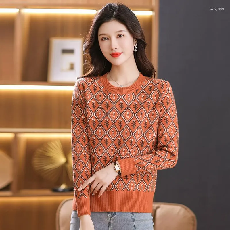 Women's Sweaters Women Gray Orange Green Red Rhombic Lattice Pullover Soft Warm Cosy Knitwear Round Collar Thermal Knitted Tops Jersey