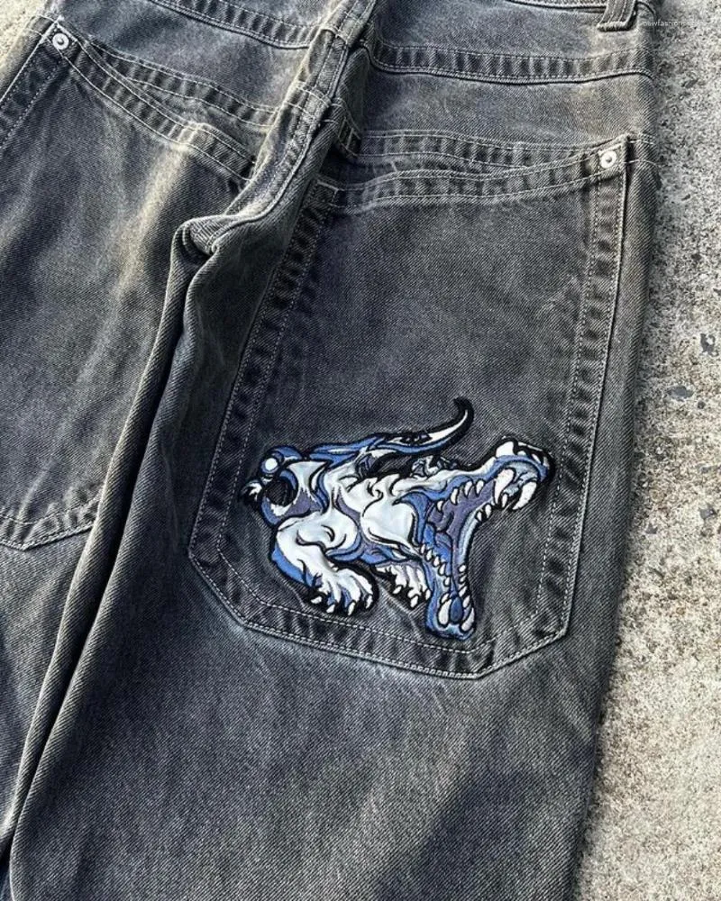 Herr jeans streetwear jnco y2k hip hop tecknad grafisk tryck vintage baggy svarta byxor män kvinnor hög midja bred benbyxor vinter01 682