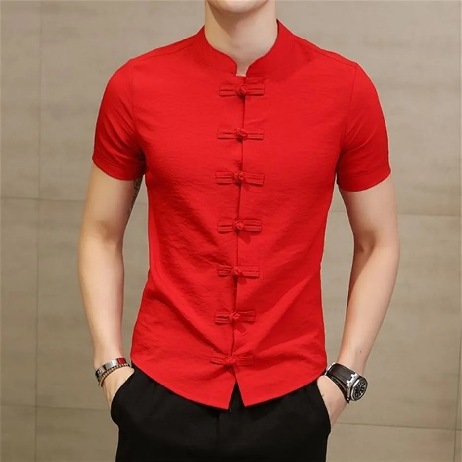 Мужская рубашка с китайским воротником, приталенная рубашка на пуговицах с лягушкой Camicia Uomo, корейская модная летняя стильная рубашка с коротким рукавом, красная, черная, X0282T