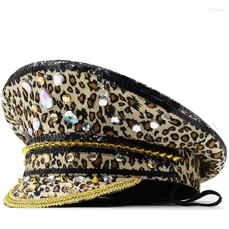 Basker lyxiga kvinnor brud militär hatt leopard tryck paljett brinnande brud kapten sergeant rhinestone festival födelsedag del