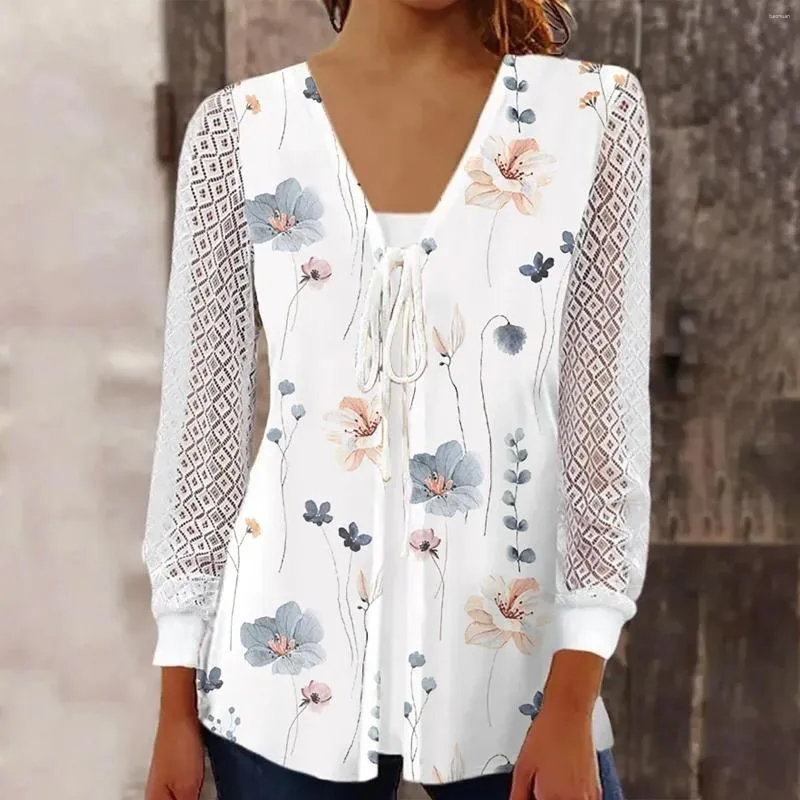 Damestruien Bloemenprint Kant Patchwork Vest met lange mouwen Top Tops Chique dames