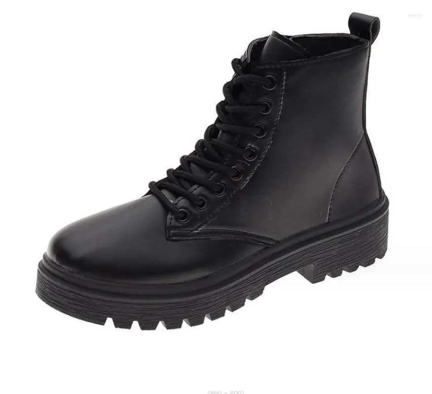 Stivali da donna sexy in zeppe alla caviglia da moto Piattaforme stringate femminili Scarpe oxford invernali in pelle nera