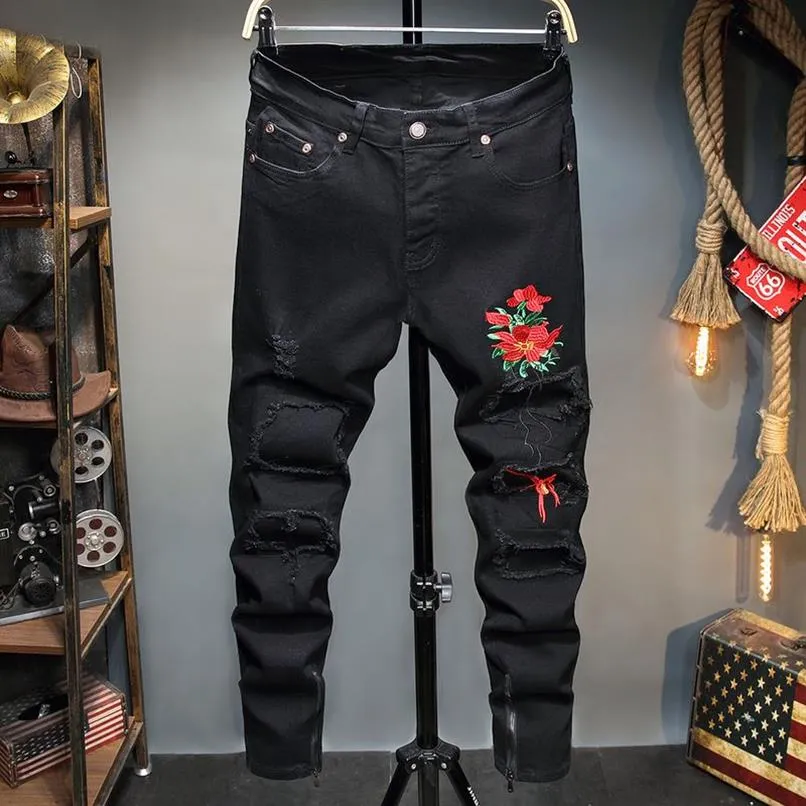 new style black embroidered rose flower stretch jeans mens ripped hole jeans trendy pants 2021 fashion slim casual denim trousers272i