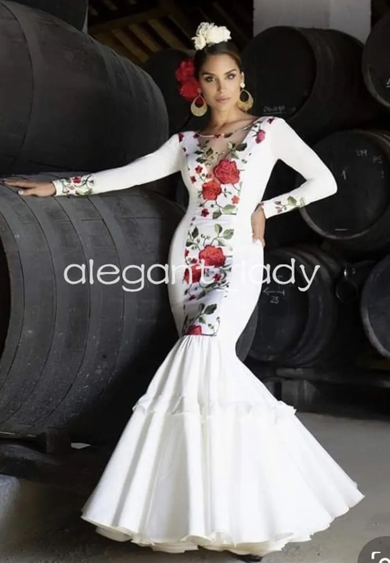 Long Sleeve Mermaid Mexican Prom Dresses Trajes de Flamenca Embroidery Floral Long Sleeve Trumpet Evening Dancing Gown