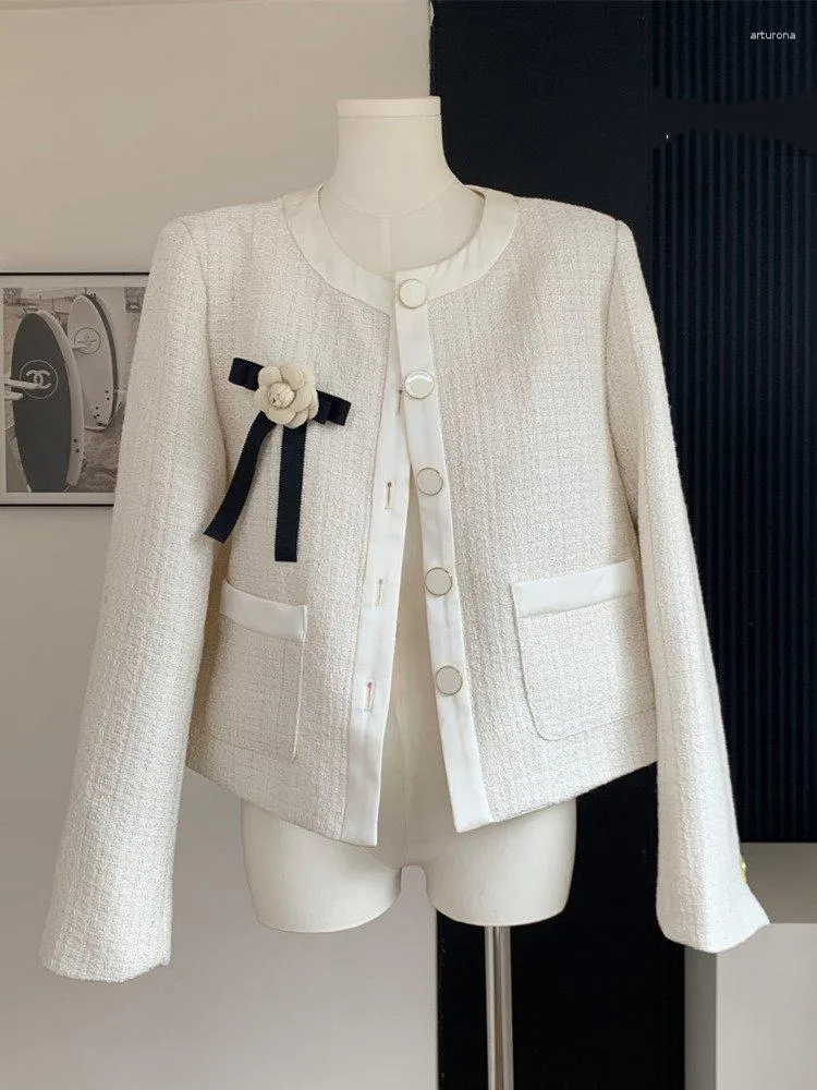 Women's Jackets High Quality French Small Fragrance Tweed Jacket For Women Fall Winter Korean Fashion Sweet Bow Short Coat Outerwear