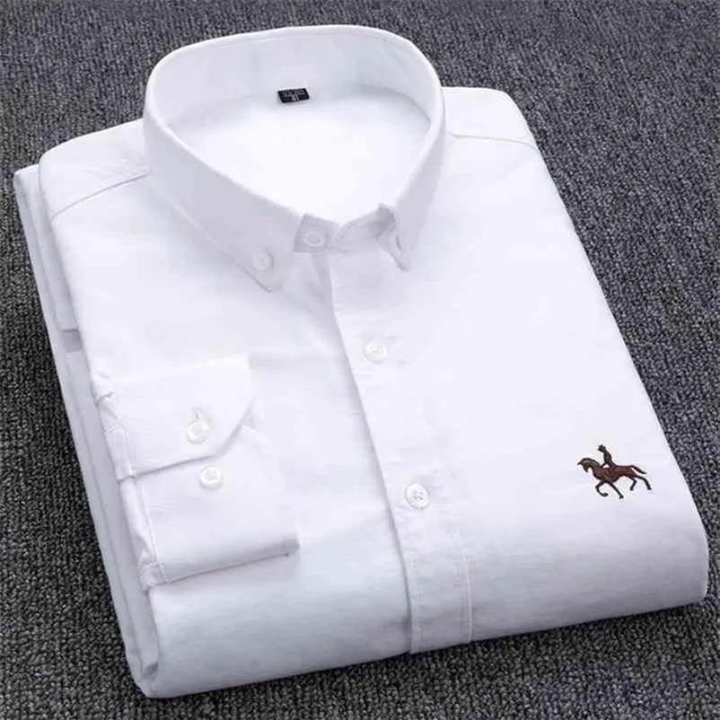 100% Cotton Oxford Shirt Men's Long Sleeve broderad häst Casual utan fickig solid gul klänning Skjorta Män plus storlek 5XL247J