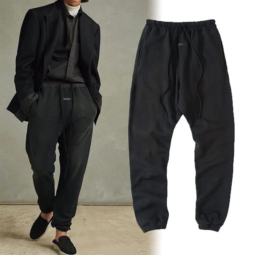 Autumn Winter USA Europe 7th Leather Logo Pocket Pants Byxor Casual Men Women Cement White String joggar Sweatpants251p