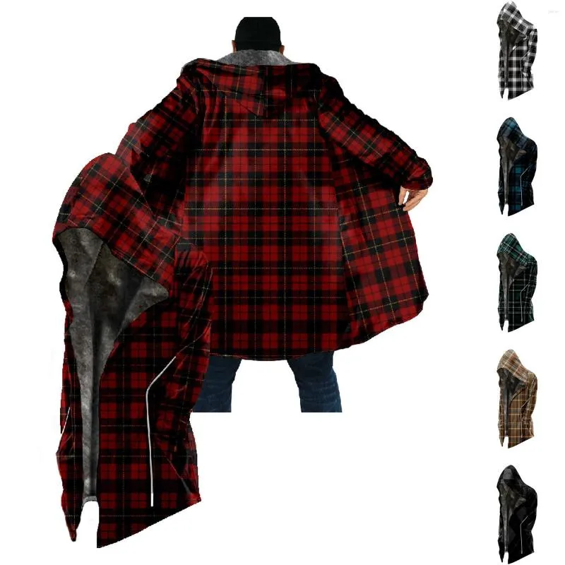 Men's Jackets Plaid Coat Men Field Label Mens Simple Plus Velvet Medium To Long Thick Jacket Fleece Light Heavy Hooded