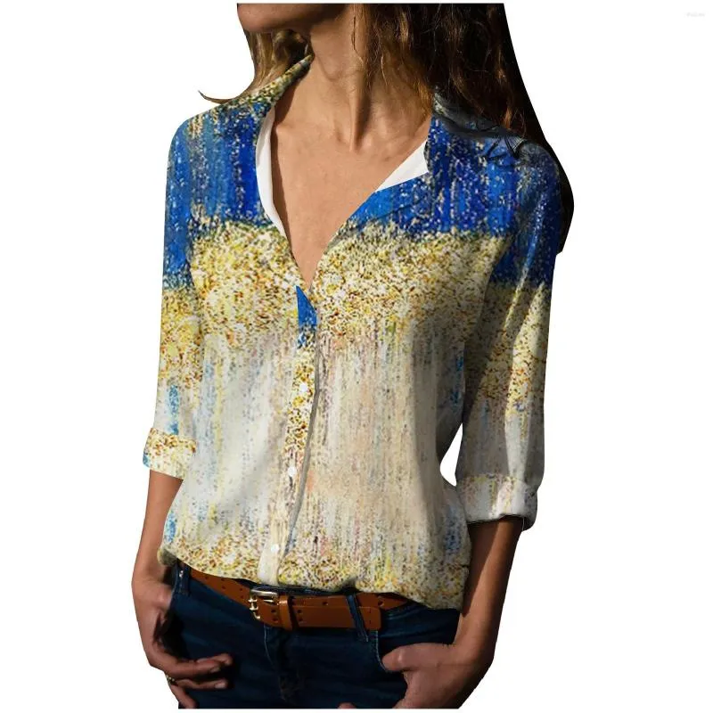 Damesblouses Mode Damesshirt Retro Patroon 3d Print Blouse Herfst Lange mouw Meisje Knop Top Vrouwelijke Camisas