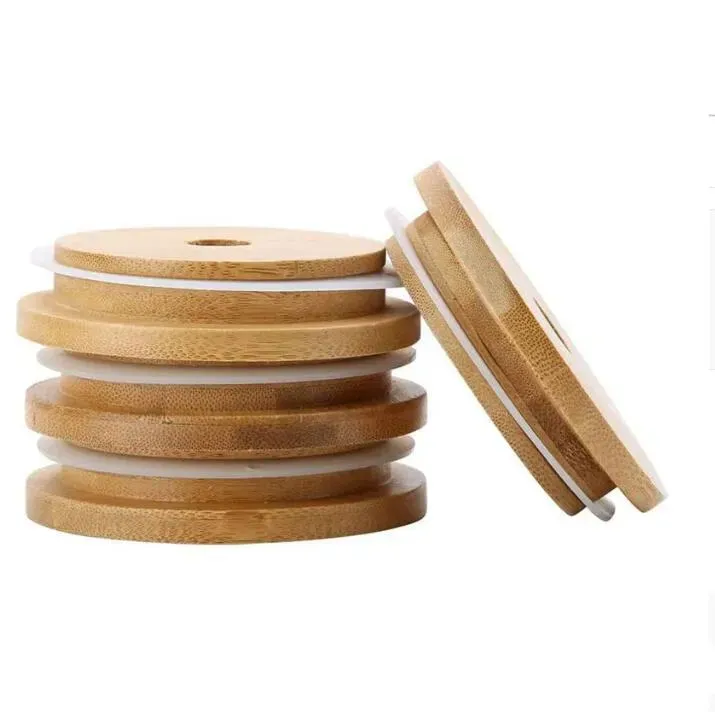 70 mm 88 mm bambus kubek pokrywki wielokrotnego użytku drewniana pokrywka słoika masonem z otwóriem słomkowym i silikonową miską uszczelniającą