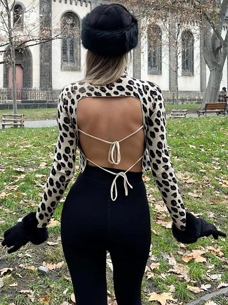 Women's Sweaters 2023 Long Sleeve Leopard Jacquard Knitted Turtleneck Pullover Sexy Open Back Lace Up Cropped Sweater Pullovers Jumpers