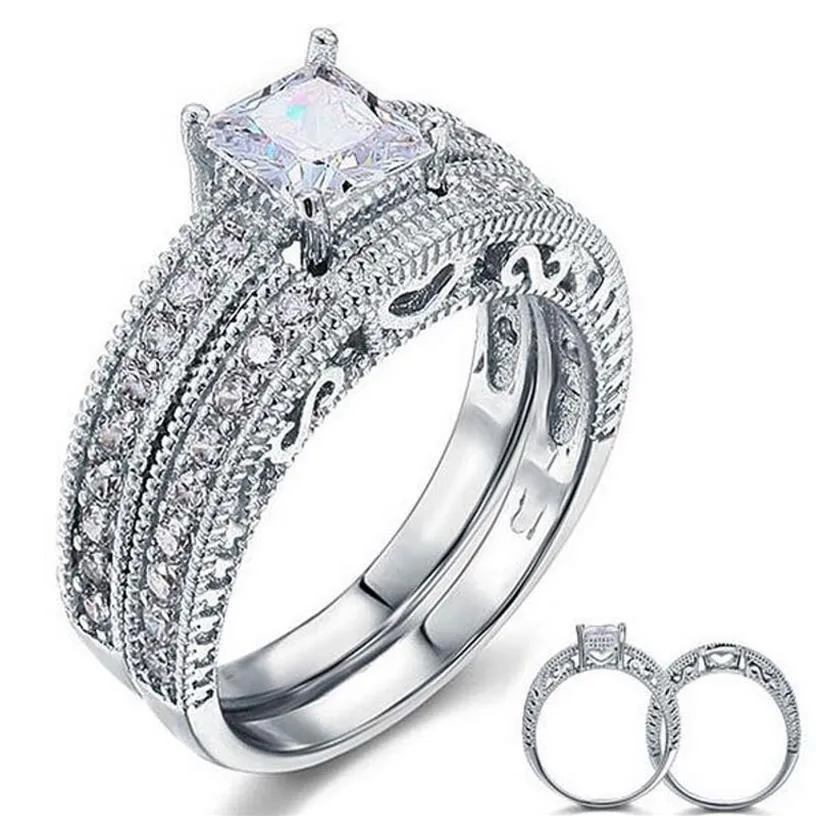 Whole Luxury Jewelry Custom Ring 10KT White Gold Filled White Topaz Princess Cut Simulated Diamond Wedding Women Ring Set Gift193y