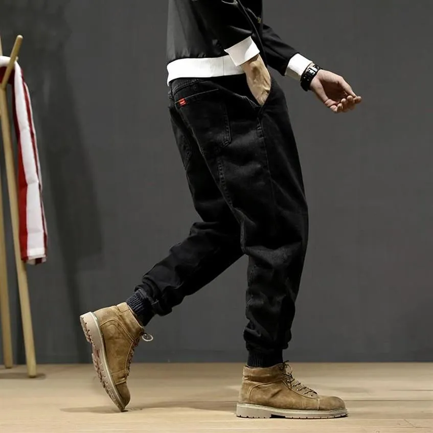 Jeans masculinos estilo japonês moda homens solto ajuste emendado designer calças de carga hombre harem streetwear hip hop joggers271o