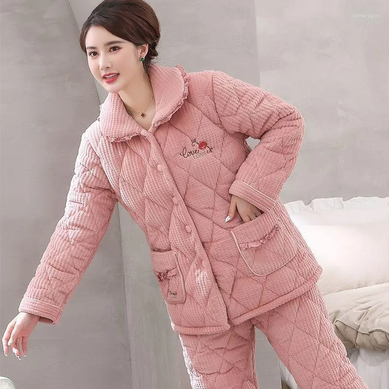 Thickened Fleece Pink Cotton Womens Pajama Set For Winter And