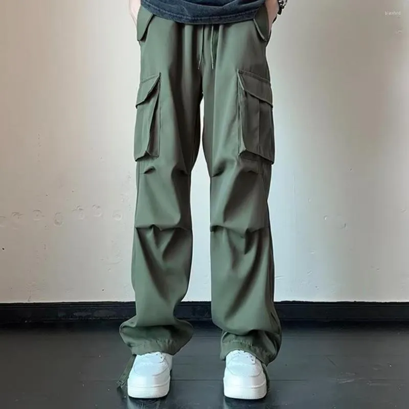 Men's Pants Men Cargo Elastic Waist Drawstring Straight Trousers Wide Leg Multi Pockets Hip Hop Baggy Long Streetwear