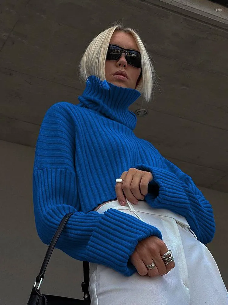 Women's Sweaters Knitted Turtleneck Sweater Loose Casual Flare Sleeve Female Crop Top Jumper 2023 Spring Blue Ladies Pullover