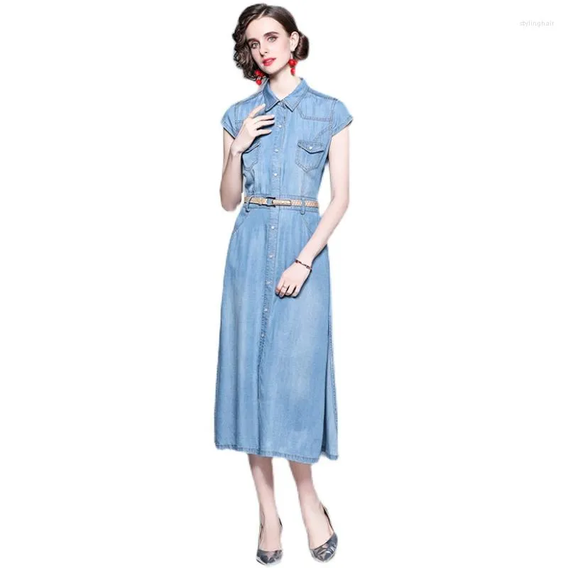 Feestjurken Vrouwen Zomer Elegant Denim Jurk Shirt Hoge Kwaliteit Lange Vintage Gewaad Femme Runway Designer Blauw Casual Vestidos
