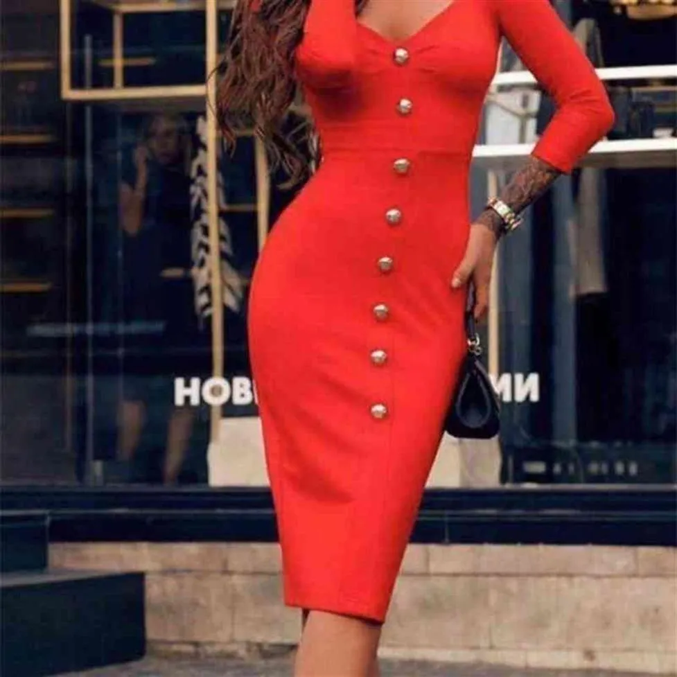 Vestidos Women Fashion Sexy Button Black Red Bandage Designer Elegant Celebrity Party Dress 210416300o