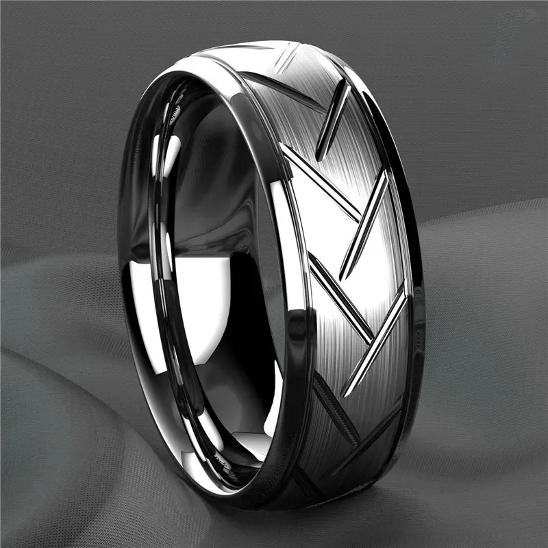 Anillos de boda Moda para hombre Color plata Anillo de acero inoxidable negro Ranura Anillo multifacético para hombres Mujeres Anillo de compromiso Regalos de aniversario 231007