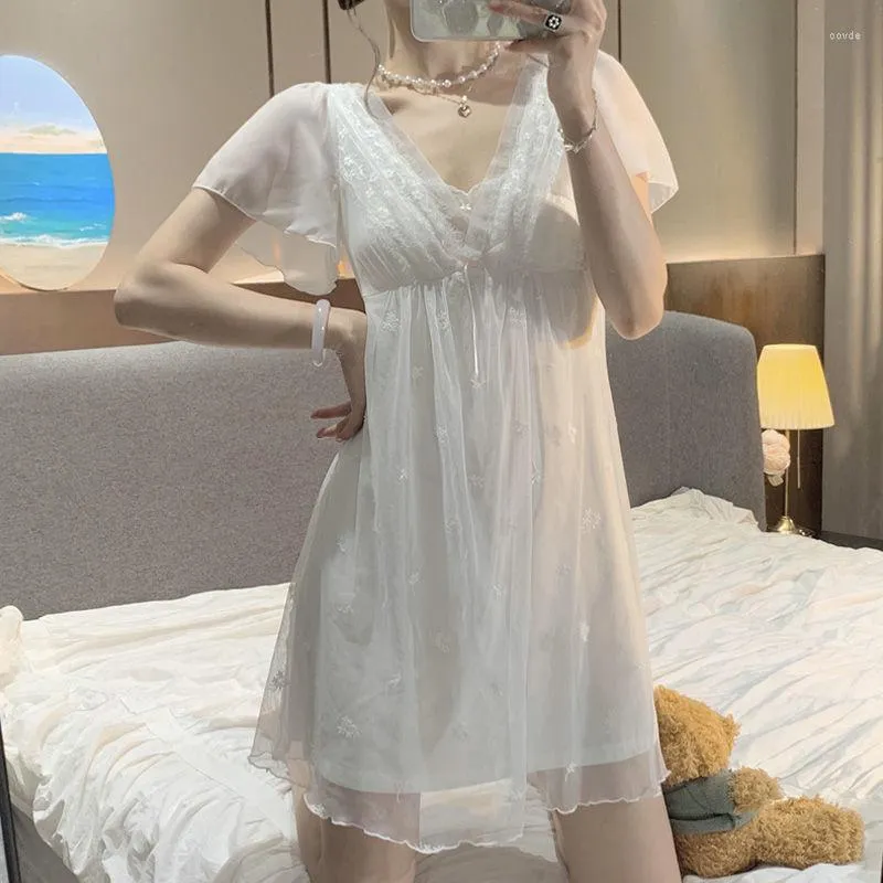 Women's Sleepwear Mesh Nightgown Womens Korean Style Night Dress Summer Sleep Nightwear Home Wears Solid Spaghetti Strap Pajamas Pad