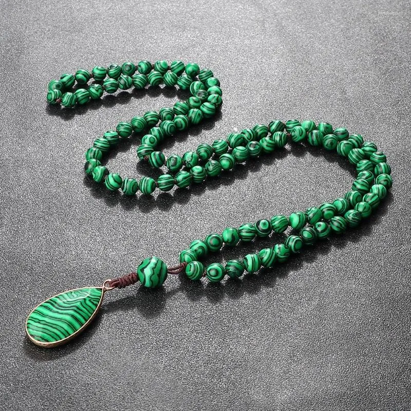 Pendentif Colliers Mode 108 Mala Perles Hommes Vert Malachite Goutte D'eau Collier Pour Femmes Charme Énergie Prière Bijoux Yoga Cadeau