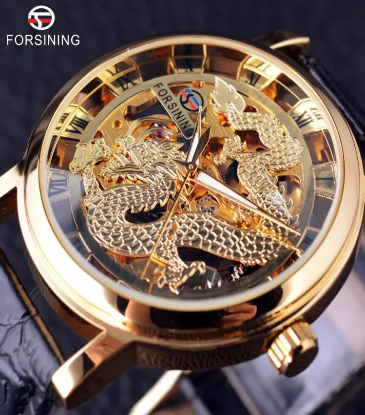 Forsining Chinese Dragon Skeleton Design Transaprent Case Gold Watch