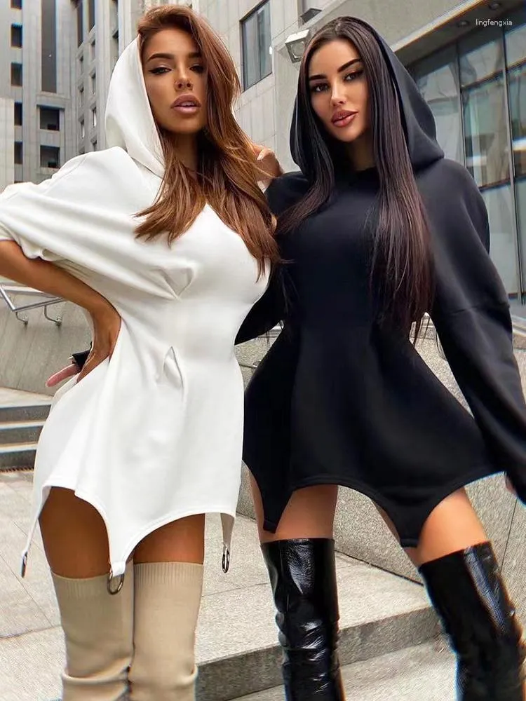 Women's Hoodies 2023 Fashion Hooded Dress For Women White Waist Wrap Bodycon Mini Spring Long Sleeve Sweatshirt Dresses