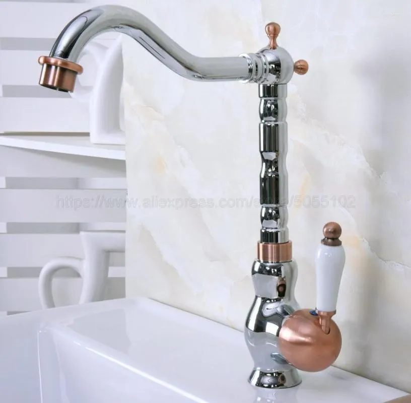 Bathroom Sink Faucets Chrome & Red Copper Faucet Moden Style Basin Rotating Single Handle Hole And Cold Water Znf910