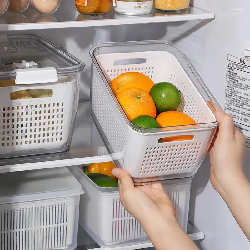 Bouteilles de stockage en plastique cuisine réfrigérateur organisateur grande capacité boîte de conservation des aliments légumes fruits garder frais Drain bac à légumes