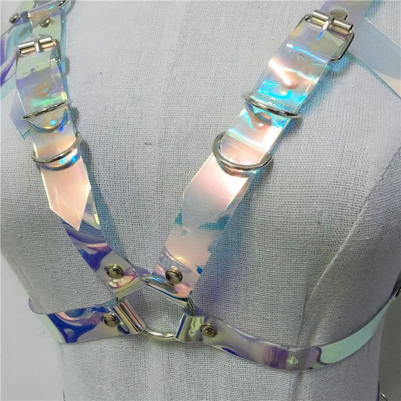 Sexy Costumes Gothic Handmade Holographic PVC Set Women Collar Choker Sexy Crop Top Link Chain Waist Belt Rave Festival Matching Sets