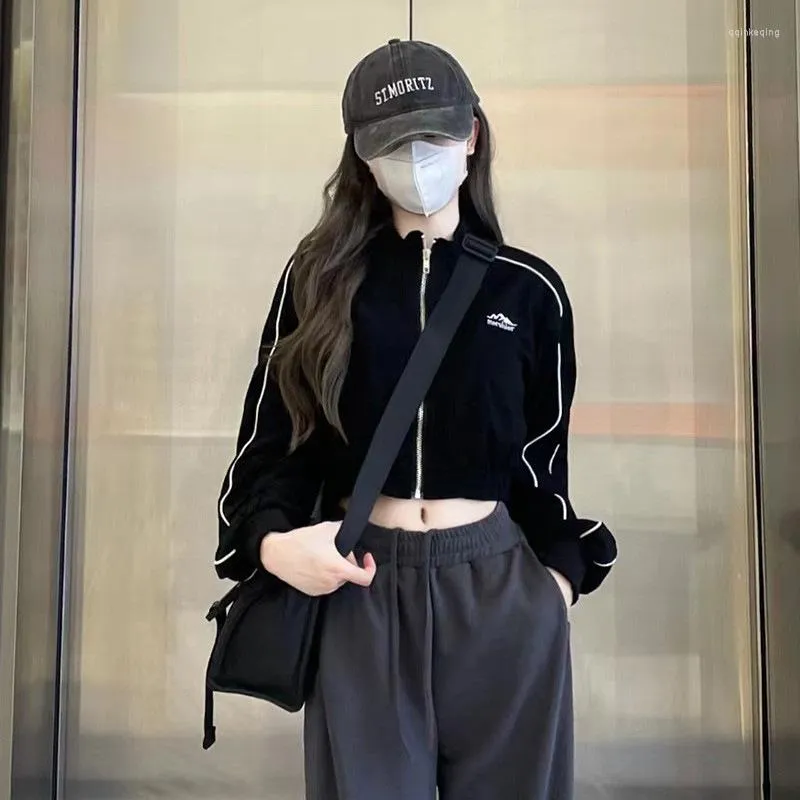 Sweats à capuche pour femmes Y2K Zip Up Sweat à capuche Streetwear Femmes Version coréenne Casual Slim Sweatshirts rayé taille haute Vintage Crop Cardigan à fermeture éclair