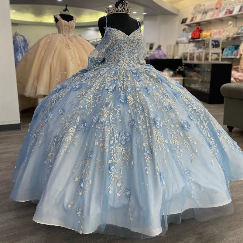 Vestidos de quinceañera con cuello en V azul cielo vestido de fiesta de princesa tul con cordones apliques de cuentas flor dulce 15 16 vestido elegante Balll Gwon